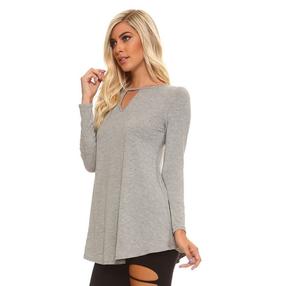 Women's Pullover Jersey Keyhole Tunic Swing H Gray - Picture 2 of 4